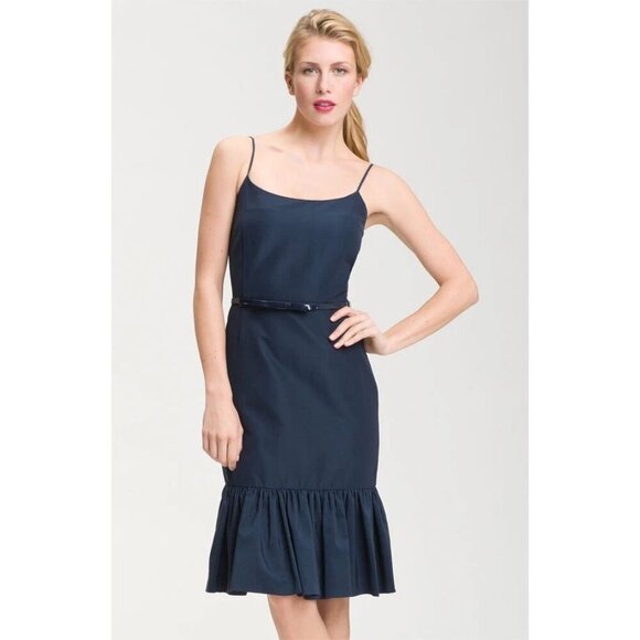 Kate Spade Size 4 Talitha Navy Blue Ruffle Hem Dress Slim Bow Belt Sleeveless - Picture 1 of 15